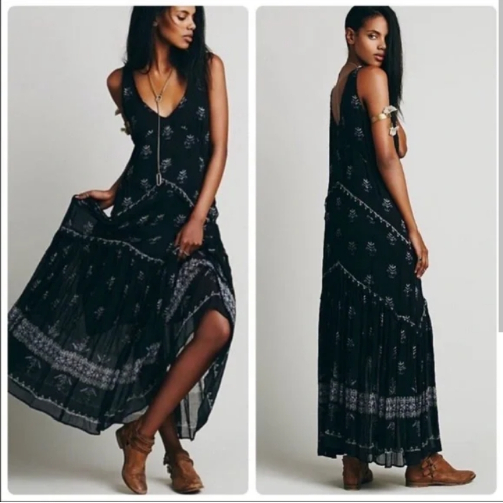 Free People Aphrodite Maxi Dress Small Black Frayed Sleeveless Bohemian N